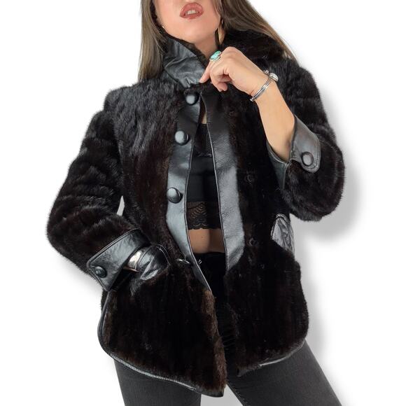 1960's PIERRE CARDIN rare genuine mink fur black leather mod coat BOUTIQUE FURS - Picture 3 of 16